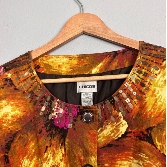 Chico's Women's L Jacket Blazer Floral Beaded Art to Wear Stretch Colorful Party - Picture 4 of 11